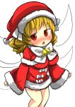  1girl blonde_hair blush chestnut_mouth fairy_wings gaoo_(frpjx283) hat highres luna_child miniskirt open_mouth red_eyes santa_costume santa_hat skirt solo touhou wings 