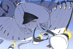  1girl blue_archive colored_skin commentary_request fly_dose hair_over_one_eye halo highres large_hat long_hair malkuth_(blue_archive) missile missile_trail solo symbol-shaped_pupils white_hair white_skin x-shaped_pupils yellow_eyes yellow_halo 
