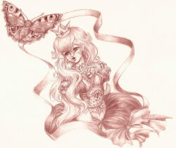  1girl bug butterfly closed_mouth commentary crown dress earrings english_commentary frilled_dress frilled_dress_collar frills jewelry lips long_hair monochrome princess_peach puffy_short_sleeves puffy_sleeves ribbon short_sleeves solo spelarminlind sphere_earrings super_mario_bros. wavy_hair 