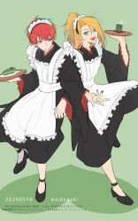  2boys apron asymmetrical_bangs black_nails blonde_hair cake cake_slice cigarette closed_mouth commentary_request crossdressing crossdressing_(mtf) crossed_arms deidara_(naruto) dress drink expressionless extra_mouth eyeliner food green_nails happy hayamin35 heart high_heels high_ponytail highres holding holding_plate jewelry long_hair looking_at_viewer maid maid_apron maid_headdress makeup male_focus multiple_boys naruto_(series) naruto_shippuuden open_mouth plate ponytail red_eyes red_hair ring sasori_(naruto) short_hair simple_background smoking watermark 