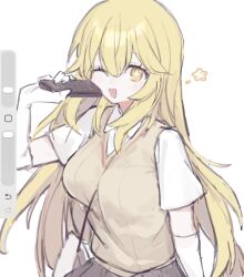  1girl 279q ;d blonde_hair breasts brown_sweater_vest collared_shirt controller elbow_gloves gloves grey_skirt hair_between_eyes highres holding holding_controller holding_remote_control large_breasts long_hair looking_at_viewer one_eye_closed pleated_skirt remote_control school_emblem school_uniform shirt shokuhou_misaki short_sleeves sketch skirt smile solo star-shaped_pupils star_(symbol) summer_uniform sweater_vest symbol-shaped_pupils toaru_kagaku_no_mental_out toaru_kagaku_no_railgun toaru_majutsu_no_index tokiwadai_school_uniform v-neck white_background white_gloves white_shirt yellow_eyes 