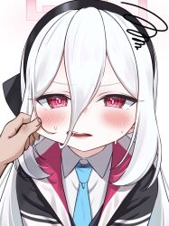 1boy 1girl absurdres black_hairband blue_archive blue_necktie blush cheek_pinching commentary_request double-parted_bangs hair_between_eyes hairband halo highres jacket kei_(blue_archive) kei_(new_body)_(blue_archive) long_hair_between_eyes looking_at_viewer necktie panda_90321 pinching pink_eyes pov pov_hands ringed_eyes shirt solo squiggle sweatdrop two-sided_fabric two-sided_jacket upper_body white_hair white_shirt 