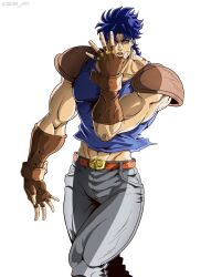  1boy abs absurdres anime_coloring armor belt belt_buckle birthmark blue_eyes blue_hair blue_shirt brown_gloves buckle commentary copyright_name english_commentary fingerless_gloves genda_art gloves grey_pants hatching_(texture) highres joestar_birthmark jojo_no_kimyou_na_bouken jojo_pose jonathan_joestar jonathan_joestar's_pose male_focus manly midriff midriff_peek muscular muscular_male official_style orange_belt pants phantom_blood shirt shoulder_armor shoulder_pads simple_background solo white_background 