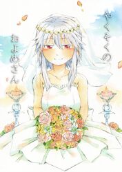  1girl absurdres alternate_costume blush bouquet candle carrying closed_mouth commentary_request cover cover_page doujin_cover dress earrings falling_petals flower flower_request grey_hair hellebore hibiscus highres hijiki_(hijiri_st) holding holding_bouquet izayoi_sakuya jewelry lily_(flower) orange_flower orange_petals petals red_eyes red_flower rose smile solo strapless strapless_dress touhou translation_request wedding_dress white_dress white_flower yellow_flower 