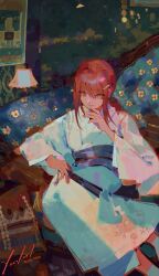 1girl alternate_costume chainsaw_man floral_print floral_print_kimono folded_fan folding_fan hair_ornament hairclip hand_fan highres holding holding_fan indoors japanese_clothes kimono lamp long_hair looking_at_viewer makima_(chainsaw_man) print_kimono red_hair sidelocks solo white_kimono yellow_eyes yenkurl 
