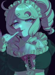  1girl absurdres blonde_hair bow breasts chest_bow cyc2_k hair_ornament hairpin heart_hairpin heartsync highres large_breasts maid maid_day mole mole_on_breast mole_under_mouth multicolored_hair pink_hair pink_nails siena_olena tongue tongue_out two-tone_hair violet_eyes 