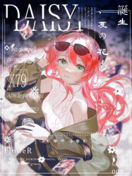  1girl black_skirt camera cover english_commentary english_text eyewear_on_head fake_magazine_cover flower green_eyes green_jacket hair_between_eyes hat high_collar highres holding holding_camera holding_own_hair jacket long_hair magazine_cover mole mole_under_eye off_shoulder original parted_lips pink_hair san_gaozi2919 shirt single_bare_shoulder skirt sleeveless sleeveless_shirt solo wind 