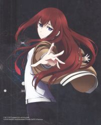  1girl absurdres anime_coloring arm_belt belt black_pantyhose black_shorts breasts brown_jacket collared_shirt gears hair_between_eyes hair_over_shoulder highres jacket jacket_partially_removed leather_belt looking_back makise_kurisu necktie official_art outstretched_arm pantyhose purple_trim reaching reaching_towards_viewer red_hair red_necktie ringed_eyes scan science_adventure shirt shorts small_breasts smile solo steins;gate steins;gate_0 violet_eyes white_belt white_shirt 