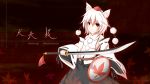  1girl animal_ears autumn_leaves bare_shoulders breasts character_name detached_sleeves hat highres inubashiri_momiji kamiya_suzume leaf looking_at_viewer no_bra pom_pom_(clothes) red_eyes ribbon-trimmed_sleeves ribbon_trim shield short_hair sideboob silver_hair solo sword tokin_hat touhou weapon wolf_ears 