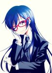  1girl absurdres bespectacled blue_hair glasses gloves highres long_hair looking_at_viewer love_live!_school_idol_project necktie one_eye_closed sizuka_(takuma0) smile solo sonoda_umi suit_jacket white_gloves 