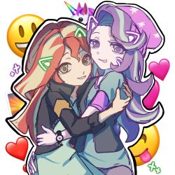  2girls :d :p aegyo_sal alternate_skin_color animal_ears aqua_dress aqua_shirt aqua_streaks armband bare_arms beanie black_jacket blonde_streaks cat_ears chinese_commentary closed_mouth collared_jacket commentary_request cowboy_shot curtained_hair double-parted_bangs drawn_ears drawn_whiskers dress emoji equestria_girls:_rainbow_rocks green_eyes grey_pants grin hair_between_eyes hand_on_another's_waist hands_on_another's_back hat heads_together heart heart_background highres hug hulianwangpingguo jacket long_hair looking_at_viewer multicolored_hair multiple_girls mutual_hug my_little_pony my_little_pony:_equestria_girls my_little_pony:_friendship_is_magic official_alternate_costume open_clothes open_jacket orange_armband outline pants pink_hat pink_trim puffy_short_sleeves puffy_sleeves purple_hair red_hair shirt short_sleeves sidelocks simple_background sleeveless sleeveless_jacket smile sparkle standing star_(symbol) star_print starlight_glimmer starlight_glimmer_(equestria_girls) streaked_hair sunset_shimmer sunset_shimmer_(human) tongue tongue_out two-tone_hair unicorn v-neck very_long_hair violet_eyes watch watch wavy_hair white_background white_outline 