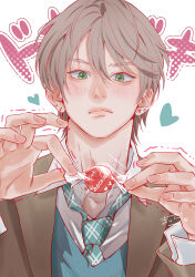  1boy absurdres blush brown_hair candy candy_wrapper cardigan collared_shirt commentary_request ear_piercing earrings food green_eyes green_necktie hair_between_eyes heart highres holding holding_candy holding_food jewelry latte2maccha male_focus necktie original piercing shirt short_hair solo translation_request trembling valentine vest white_shirt 