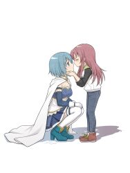  2girls aged_down blue_eyes blue_hair blue_shirt blue_skirt blush cape collared_cape commentary denim detached_sleeves gloves hands_on_another's_face highres jeans long_sleeves magical_girl mahou_shoujo_madoka_magica mahou_shoujo_madoka_magica_(anime) miki_sayaka miki_sayaka_(magical_girl) multiple_girls pants purigetsu red_hair sakura_kyoko shirt short_hair simple_background skirt squatting strapless strapless_shirt thigh-highs white_background white_cape white_gloves white_shirt white_thighhighs yuri 