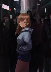  1010kman 1girl absurdres blue_hoodie brown_eyes brown_hair cigarette city commentary_request hands_in_pockets highres hood hood_down hoodie lamppost original people road smoking solo_focus street traffic_light 