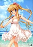  1girl :d absurdres air blonde_hair blue_eyes breasts camisole casual cleavage dress highres hinoue_itaru huge_filesize kamio_misuzu long_hair looking_at_viewer official_art open_mouth outstretched_arms ponytail smile solo spread_arms white_dress 