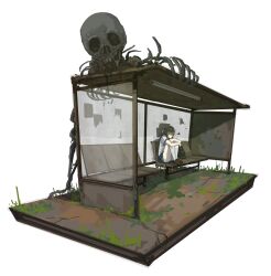 1010kman 1girl 1other absurdres bench bus_stop_shelter ceiling_light faceless faceless_female fetal_position highres hugging_own_legs on_bench original overgrown school_uniform skull solo transparent_background