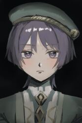  1boy akademiya_uniform alternate_costume beret black_background blunt_ends blush choppy_bangs closed_mouth expressionless eyeliner genshin_impact gold green_hat green_robe hat highres looking_at_viewer makeup male_focus portrait purple_hair purple_pupils red_eyeliner robe scaramouche_(genshin_impact) shirt solo straight-on tsurime tukitoji0070 violet_eyes white_shirt 