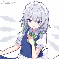  1girl apron back_bow blue_skirt blue_vest bow bowtie braid chinese_commentary closed_mouth collared_shirt commentary_request green_bow green_bowtie grey_hair hair_bow izayoi_sakuya kk0220 knife long_hair looking_at_viewer maid maid_headdress puffy_short_sleeves puffy_sleeves shirt short_sleeves signature skirt smile solo touhou twin_braids vest violet_eyes waist_apron white_apron white_bow white_shirt 