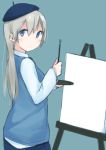  1girl alternate_costume beret blonde_hair blue_background blue_eyes blush canvas_(object) eila_ilmatar_juutilainen hat highres holding long_hair long_sleeves looking_back paintbrush palette seedflare simple_background solo strike_witches sweater_vest vest 