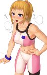  1girl bike_shorts blonde_hair blue_eyes blush bracelet cat cowboy_shot gundam gundam_build_fighters gundam_build_fighters_try hand_on_hip highres hoshino_fumina hot jewelry kedama_keito long_hair navel open_mouth ponytail simple_background solo sports_bra sweat sweating taut_clothes white_background 