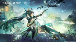  1girl absurdres asymmetrical_gloves bird black_hair chinese_commentary commentary_request dress duet_night_abyss gloves green_dress green_eyes green_thighhighs highres long_hair multicolored_dress multicolored_hair official_art open_mouth solo su_yi_(duet_night_abyss) thigh-highs twintails two-tone_dress very_long_hair white_dress 