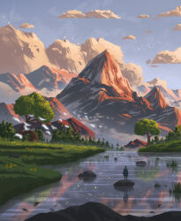  1boy absurdres bird black_boots blue_jacket blue_sky boots clouds english_commentary flower grass grey_pants highres jacket mountain original outdoors pants philip_sue_art reflection rock scenery sky solo tree water yellow_flower 