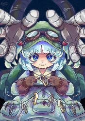  1girl aqua_hair backpack bag blue_eyes blue_jacket brown_gloves closed_mouth commentary gloves goggles goggles_on_headwear green_bag green_hat hair_bobbles hair_ornament hat highres jacket kawashiro_nitori key long_sleeves looking_at_viewer mame_komari mechanical_arms newsboy_cap one-hour_drawing_challenge pocket reaching reaching_towards_viewer smile solo touhou twitter_username two_side_up 
