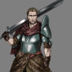  1boy arbent_(king_exit) armor baten_(gei-vorugu) belt breastplate brown_gloves brown_hair brown_shirt cloak closed_mouth commentary_request cowboy_shot facing_viewer gloves grey_background highres holding holding_sword holding_weapon huge_weapon king_exit knight long_sleeves looking_to_the_side male_focus mercenary muscular muscular_male nose orange_belt over_shoulder red_cloak scar scar_on_face shirt short_hair shoulder_armor sleeves_rolled_up solo strap sword sword_over_shoulder veins veiny_arms weapon weapon_over_shoulder 