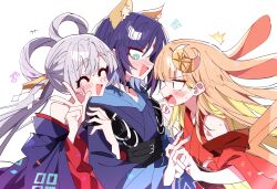  3girls ^_^ absurdres animal_ears black_choker blonde_hair blue_hoodie blue_kimono blue_nails blush brown_hair cho_kaguya-hime! choker closed_eyes clothing_cutout colored_inner_hair commentary crescent fang fox_ears fox_girl green_eyes hair_ornament hair_rings hair_stick highres hood hood_down hoodie interlocked_fingers japanese_clothes jealous kaguya_(cho_kaguya-hime!) kimono long_hair multicolored_hair multiple_girls nail_polish off_shoulder open_mouth rabbit_ears rabbit_girl red_kimono red_nails runami_yachiyo sakayori_iroha short_hair shoulder_cutout simple_background skin_fang smile twintails untranslatable_commentary w white_background white_hair yuri zhanzhangzlw 