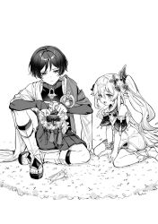  1boy 1girl anklet arm_on_knee armlet between_legs blunt_ends blush bodysuit bow bracelet bridal_gauntlets cape choppy_bangs covered_collarbone detached_sleeves diorama dress eyelashes feathers fingernails flower full_body furisode gem genshin_impact grass greyscale hair_between_eyes hair_ornament hakama hakama_shorts hand_between_own_legs heart heart_hair_ornament highres holding holding_wreath japanese_clothes jewelry juban kimono knee_up leaf leaf_hair_ornament leg_warmers long_hair looking_at_object middle_ring monochrome nahida_(genshin_impact) open_clothes open_hands open_kimono open_mouth pleated_shorts pointy_ears pom_pom_(clothes) salt_(sawa0609) sandals scaramouche_(genshin_impact) short_dress shorts shoulder_peek side_cape side_ponytail sidelocks sitting socks stirrup_footwear tassel toenails toes tsurime vision_(genshin_impact) wanderer_(genshin_impact) wariza white_background zouri 