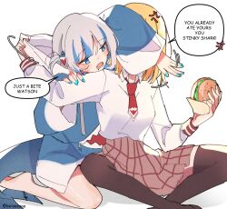  2girls anger_vein black_thighhighs blonde_hair blue_nails blue_streaks blush breasts brown_skirt burger collared_shirt commentary crossed_ankles english_commentary fins fish_tail food gawr_gura gawr_gura_(1st_costume) highres holding holding_burger holding_food hololive hololive_english hood hoodie keisea long_sleeves medium_breasts multicolored_hair multiple_girls necktie plaid_clothes plaid_skirt pulling_another's_clothes red_necktie shark_tail shirt simple_background sitting skirt streaked_hair tail thigh-highs watson_amelia watson_amelia_(1st_costume) white_background white_hair white_shirt 