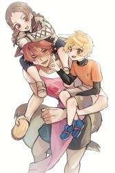  1girl 2boys a-cing_(zenless_zone_zero) a-yuet_(zenless_zone_zero) animal_ears black_hair black_shorts blonde_hair blush braid braided_ponytail brown_eyes brown_hair brown_shirt brown_shorts carrying child collarbone commentary_request cross-laced_clothes cross-laced_sleeves dog_boy dog_ears dog_tail fangs hair_between_eyes heart heart_print highres komano_manato long_hair looking_at_another multicolored_hair multiple_boys muscular muscular_male one_eye_closed open_mouth red_eyes red_hair scar scar_across_eye scar_on_face shirt short_hair shorts shoulder_carry simple_background sitting_on_arm skin_fangs smock standing tail twitter_username white_background white_shirt yasiro_hayate zenless_zone_zero 