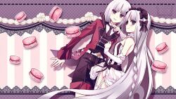  1boy 1girl 2ruvery black_eyes border bow_hairband braid bright_pupils commentary fate/strange_fake fate_(series) food francesca_prelati_(fate) francois_prelati_(fate) garter_straps hairband highres lace lace_border leotard long_hair looking_at_viewer macaron ornate_border ringed_eyes short_hair smile striped_background very_long_hair white_hair 