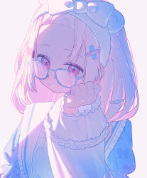  051_ogoli 1girl absurdres bandaid bandaid_hair_ornament bow_hairband glasses hair_ornament hairband highres long_hair looking_at_viewer nijisanji official_alternate_costume pink_eyes pink_hair puffy_sleeves shiina_yuika shiina_yuika_(13th_costume) simple_background solo upper_body virtual_youtuber white_background 