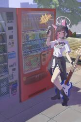  1girl absurdres animal_ears bass_guitar bench black_choker black_hair black_shoes black_socks blue_archive blush can cardigan cardigan_around_waist cat_ears cat_girl choker clothes_around_waist commentary_request earrings full_body hair_ornament hairclip halo highres holding holding_bass_guitar holding_can holding_instrument instrument jewelry kazusa_(band)_(blue_archive) kazusa_(blue_archive) monster_energy pavement red_eyes shirt shoes short_sleeves skirt socks solo standing stud_earrings tree user_kzry7783 vending_machine white_shirt white_skirt wristband 