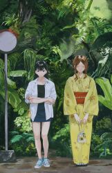  2girls absurdres aqua_shoes bag bang_dream! bang_dream!_it's_mygo!!!!! black_hair black_shirt blue_dress brown_hair closed_mouth commentary_request crossed_arms dress facing_viewer floral_print floral_print_kimono foliage full_body highres holding holding_bag holding_kinchaku japanese_clothes kimono kinchaku multiple_girls nagasaki_soyo obi obijime okobo open_clothes open_shirt outdoors plant platform_sandals pouch print_kimono rainbow_hose red_sash sandals sash shiina_taki shirt shirt_under_shirt shoelaces shoes sidelocks sideways_glance sneakers standing tabi undershirt violet_eyes white_shirt yellow_kimono 