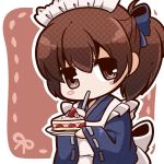  1girl alternate_costume apron bloom2425 blush_stickers brown_eyes brown_hair cake chibi enmaided food fruit hair_ribbon kaga_(kantai_collection) kantai_collection maid maid_headdress ribbon side_ponytail spoon_in_mouth strawberry strawberry_shortcake 