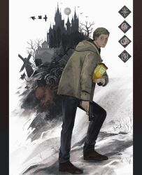  1boy bird brown_hair castle commentary english_commentary ethan_winters expressionless full_body grass gun handgun highres holding holding_gun holding_weapon hood hood_down hooded_jacket jacket looking_at_viewer looking_back male_focus pillarboxed resident_evil resident_evil_village scenery short_hair solo standing weapon windmill wreniriis 