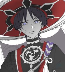  1boy black_kimono blunt_ends bright_pupils choppy_bangs closed_mouth eyeliner genshin_impact hat highres japanese_clothes jewelry jingasa kaede_gnsnhsr kimono looking_at_viewer makeup male_focus mandarin_collar mitsudomoe_(shape) neck_ring open_clothes open_kimono partially_colored purple_rope red_eyeliner red_hat red_kimono rope scaramouche_(genshin_impact) shimenawa signature solo tassel tomoe_(symbol) tsurime veil veiny_face violet_eyes watermark white_background white_kimono white_pupils white_rope 
