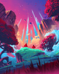  2others absurdres ambiguous_gender bird cape clouds energy english_commentary floating_rock from_behind grass highres long_hair multiple_others original philip_sue_art red_cape short_hair sky tree water wide_shot 