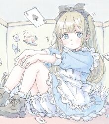 1girl ace_(playing_card) alice's_adventures_in_wonderland alice_(alice_in_wonderland) apron black_bow blonde_hair bloomers blue_dress blue_eyes blush boots bow bug butterfly card closed_mouth commentary cup dress hair_bow hands_on_own_knees highres long_hair pale_color playing_card poranka_(porankaran) sitting solo teacup white_apron 