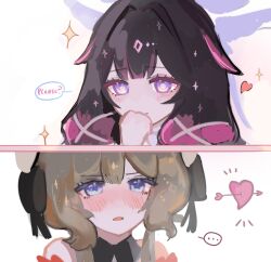  2girls arrow_through_heart black_bow black_collar black_hair blue_eyes bow brown_hair closed_eyes closed_mouth collar columbina_(genshin_impact) commentary detached_collar genshin_impact hair_ornament head_wings heart highres long_hair multicolored_hair multiple_girls multiple_wings portrait purple_hair purple_streaks ribbon sandrone_(genshin_impact) simple_background smile streaked_hair two-tone_hair untranslatable_commentary very_long_hair violet_eyes white_background white_wings wing_hair_ornament wings yufiyuuuuyuyu yuri 