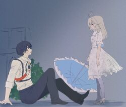  1boy 1girl antenna_hair ascot black_hair black_pants blonde_hair blue_umbrella chest_harness closed_mouth collared_shirt dirty dirty_clothes dress frilled_dress frills from_side harness high_heels highres holding holding_umbrella kamen_rider kamen_rider_zeztz_(series) knight_invoker long_hair looking_at_another meitantei_precure! moria_luluka nox_(kamen_rider_zeztz) pants pantyhose precure profile reiei_8 shirt shoes short_hair short_sleeves sitting standing umbrella white_ascot white_dress white_shirt 