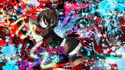  1girl abstract_background adapted_costume apple arrow_through_apple black_hair black_shirt black_skirt colorful_background crop_top food foot_up_heel_up from_side fruit full_body hands_up highres holding holding_food holding_fruit houjuu_nue katsuragi_atori lace lace_thighhighs looking_at_viewer lying medium_hair miniskirt on_stomach parted_lips puffy_short_sleeves puffy_sleeves red_eyes shirt short_sleeves skirt solo thigh-highs touhou 