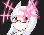  1girl :o bangs black_background blunt_bangs blush bust dress_shirt glasses head_wings heidimarie_w_schnaufer hirschgeweih_antennas long_hair open_mouth pink_eyes seedflare shirt simple_background solo strike_witches white_hair 