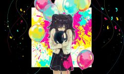  1girl balloon black_background black_border black_hair black_skirt blunt_bangs border chengyounger closed_eyes confetti covered_mouth hair_between_eyes hello_charlotte henrietta_warhol highres holding holding_balloon hugging_object jacket long_hair long_sleeves paint_on_clothes paint_splatter paint_stains pleated_skirt skirt solo stained_clothes two-tone_background two_side_up white_background white_jacket 