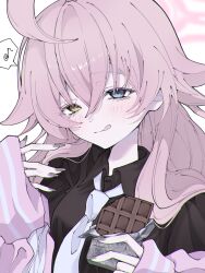  1girl black_shirt blue_archive blue_eyes blush chocolate collared_shirt commentary_request dot_nose fingernails food hair_between_eyes halo heterochromia highres holding holding_chocolate holding_food hoshino_(blue_archive) jacket long_fingernails long_hair looking_at_viewer musical_note necktie orange_eyes pink_hair pink_jacket shirt simple_background solo speech_bubble tongue tongue_out user_mwju5424 white_background white_necktie 