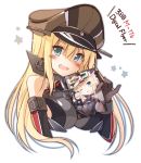  1girl :d bare_shoulders between_breasts bismarck_(kantai_collection) blonde_hair blue_eyes blush brown_gloves bust detached_sleeves gloves hat highres kantai_collection long_hair looking_at_viewer military military_hat military_uniform oota_yuuichi open_mouth peaked_cap smile solo uniform 