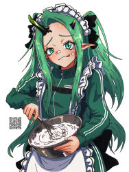  :p apron cooking dress frilled_apron frills green_eyes green_hair hair_behind_ear highres holding horns kazbek_gazelle long_hair looking_at_viewer macross macross_delta macross_delta:_zettai_live!!!!!! maid maid_apron maid_headdress pointy_ears simple_background smile tongue tongue_out twintails upper_body very_long_hair white_apron yami_q_ray yami_reina 