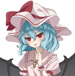  1girl bat_wings blue_hair bow commentary frilled_shirt_collar frilled_wrist_cuffs frills hair_between_eyes hat hat_bow highres medium_hair mob_cap pink_hat pink_shirt red_bow red_eyes red_wrist_cuffs remilia_scarlet shirt simple_background solo touhou uka_miss_qv upper_body white_background wings wrist_cuffs 